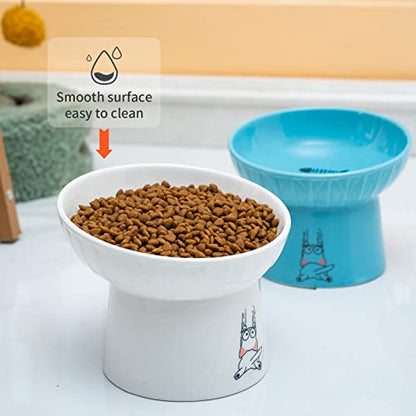 6.5 Inch Extra Wide Ceramic Raised Cat Bowls, Porcelain Tilted Elevated Cat Food Water Bowl Dish, Stress Free Pet Feeder Bowls Dishes for Elder Big Cats & Small Dogs, White & Blue - color: White & Blue