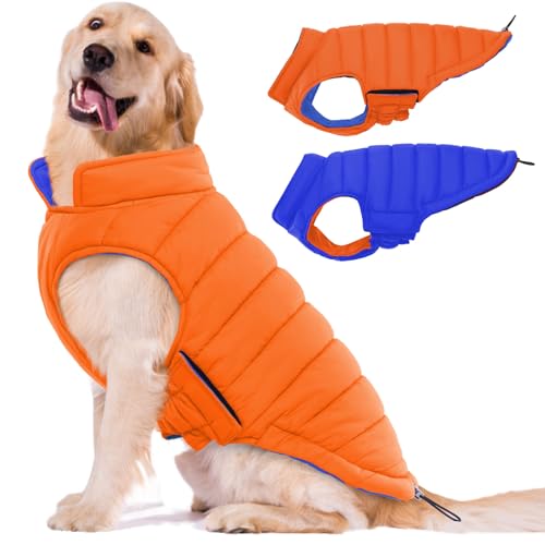 Lelepet Reversible Dog Coat Waterproof Dog Jacket Windproof Puffer Vest for Winter Warm Lightweight Coats for Medium Dogs Adjustbale Hook & Loop Pet Apparel with Leash Hole, French Bulldog, Orange, L - color: Orange, size: L