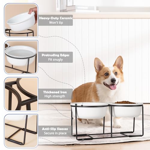 Ceramic Elevated Dog Bowl Set - Raised Food and Water Bowls with Metal Stand - Double Pet Dishes for Small and Medium Dogs - 3 Cups - 24.3 fl oz - Matte White - color: Matte White, size: L-400ml