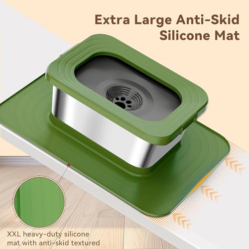 10L No Spill Dog Water Bowl, 2.6 Gal Stainless Steel No Splash Large Dog Water Bowl with Non-Slip Silicone Mat, Spill Proof Slow Drinking Pet Bowls for Messy Drinkers Indoor/Outdoor Use - color: Dark Green