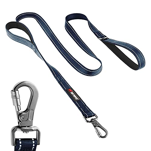 Tuff Pupper Heavy Duty Double Handle Leash | Twist Locking Carabiner Clip | Safety Lock for Strong Dogs | Reflective for Safe Night Walks | 6 Foot Leash | For Medium & Large Dogs - color: Midnight Blue
