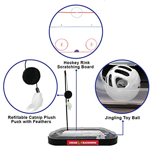 Pets First 5-in-1 NHL Chicago Blackhawks Hockey Field Cat Scratcher Toy with Interactive Cat Ball Bell in Tracks - color: Chicago Blackhawks