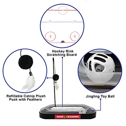 Pets First 5-in-1 NHL Chicago Blackhawks Hockey Field Cat Scratcher Toy with Interactive Cat Ball Bell in Tracks - color: Chicago Blackhawks