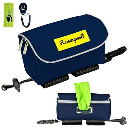 Dog Poop Bag Holder for Leash, 2 Waterproof Zipper Pouches, Dog Treat Pouch for Pet Walking Accessories, with Dispenser, Training Clicker and 1 Free Roll (Blue) - color: Blue