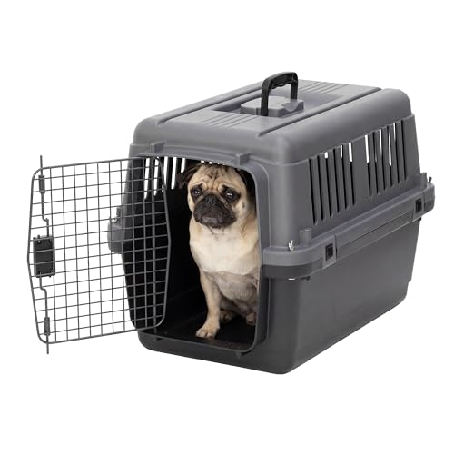 SportPet Airline Compliant Small 24" Travel Dog Kennel - Durable Plastic Airline Pet Carrier (No Wheels) & Food Bowls, Collapsible Indoor/Outdoor Dog Kennel, Dogs up to 21" L & 13" H - Dark Gray - color: Dark Gray, size: 24.0"L x 16.0"W x 15.5"H