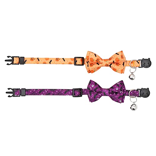 Halloween Cat Collar Breakaway with Cute Bow Tie and Bell for Kitty Adjustable Safety - color: Orange+Purple