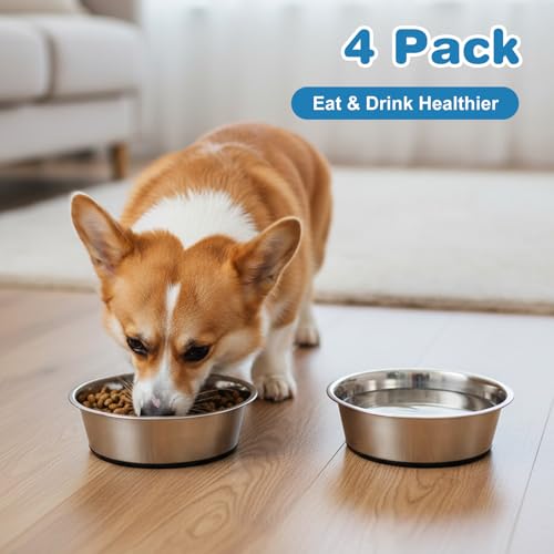 4 Pcs 8 Cup Stainless Steel Dog Bowls for Food and Water with Silicone Base Anti-Slip, Heavy Duty Extra Thick Anti Rust Metal Bowls for Medium Dogs (67oz, Black)