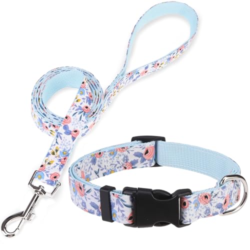 Dog Collar and Leash Set for Medium Dogs, Adjustable Soft Puppy Collar with Quick Release Buckle, 5FT Heavy Duty Nylon Matching Leash for Boy Girl Chihuahua, Yorki, Bulldog, Blue M - color: Blue Flower, size: Medium(Neck:14.2"-20.1")