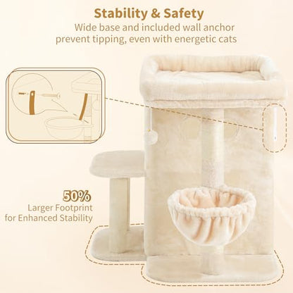 Heybly Cat Tree, 25.6-inch Cat Tower with Spacious Top Perch for Large Cats, Stair-Style Cat House Furniture with Dual-Layer Condos, Sisal Scratching Posts, Cozy Basket & Pompom, Beige HCT204SM - color: Beige, size: 25.6 inch
