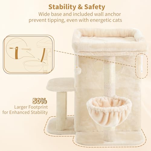Heybly Cat Tree, 26.3-inch Cat Tower with Spacious Top Perch for Large Cats, Stair-Style Cat House Furniture with Dual-Layer Condos, Sisal Scratching Posts, Cozy Basket & Pompom, Beige HCT204SM - color: Beige, size: 26.3 inch