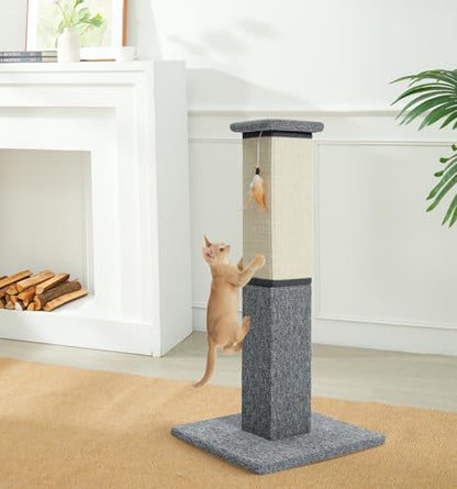 Made4Pets Cat Scratching Post, 32 Inch Natural Sisal & Carpet Covered Cat Scratcher with Kitten Toy, Dual-Material Tall Scratching Post for Indoor Cats Adults and Kittens, Beige - color: Grey-Sisal & Carpet
