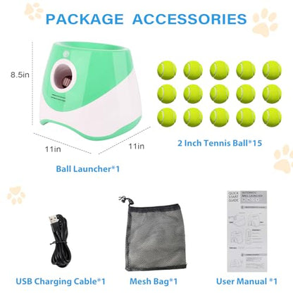 FAHKNS Automatic Dog Ball Launcher for Small Dogs, Indoor/Outdoor Interactive Dog Toy,USB Rechargeable Ball Thrower,10-30 Ft,Includes 15 Mini Tennis Balls,Green - size: 10-30FT for Small Dogs