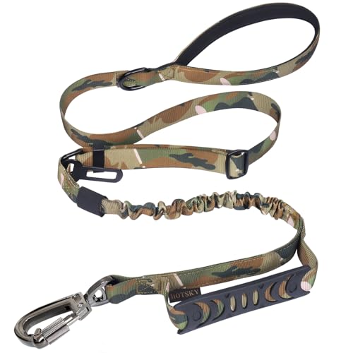 Hotsky Tactical Dog Leash Heavy Duty for Medium Large Dogs that Pull,4-6Ft Strong Bungee Shock Absorbing No Pull Dog Leash with Padded Double Handle and Car Seatbelt,CP - color: Bungee(4-6FT,M/L),CP, size: Medium / Large