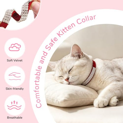 BINGPET Diamond Cat Collar with Bell, Adjustable Soft Velvet Bling Rhinestone Cat Collar, Sparkly Kitten Collar with Safety Elastic & Metal Buckle for Small Medium Cats - color: Red(Rhinestones), size: Neck Girth 8"-10"