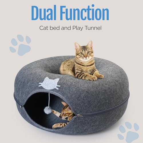 Meow Mansion Large Cat Cave Donut - Cat Tunnel; up to 30lbs - 3 Toy Balls & Hanging Ball Included - Scratch Resistant, Detachable and Cleanable Cat Donut Bed - color: Gray