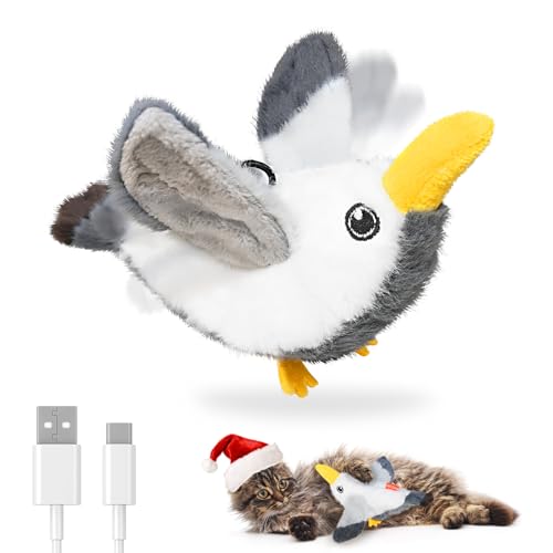 Petbobi Flapping Bird Cat Toys - Interactive Cat Toy with Flapping Wings(No-Flying) and Chirp Tweet, Rechargeable Motion-Activated Catnip Seagull Toys for All Breeds Kittens - color: Grey