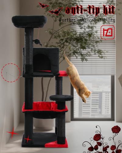 MUTTROS Gothic Cat Tree with Super Large Hammock, 45.7" Black Cat Tower with Coffin Bed, Cat Condo, Sisal Scratching Posts & Top Perch, Multi-Level Goth Cat Tree, Halloween, Black - color: Gothic Black, size: 45.7in