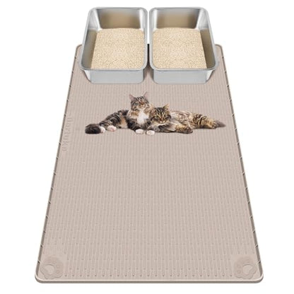 Kalolary Cat Litter Mats, 40" x 28" Extra Large Silicone Cat Mat for Litter Box, Easy to Clean Kitty Litter Trapping Mat, Soft on Kitty Paws, Waterproof, Urine-Proof Kittys Litter Mats for Floor,Khaki - color: Khaki: 101x71cm