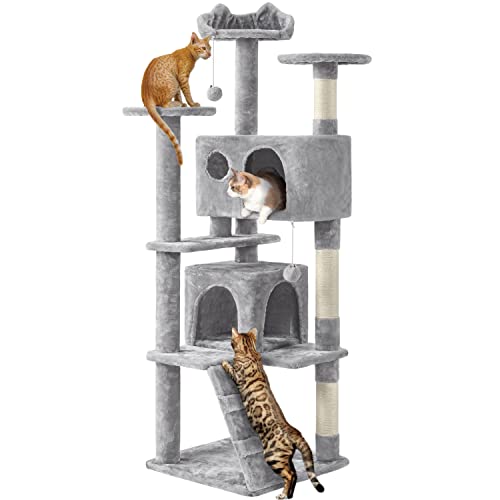 Yaheetech 62in Cat Tree Cat Tower for Indoor Kitty, Pet Furniture w/Double Condo, Scratching Posts, Multiple Platforms and Balls for Kittens, Light Gray - color: Light Gray, size: 62in