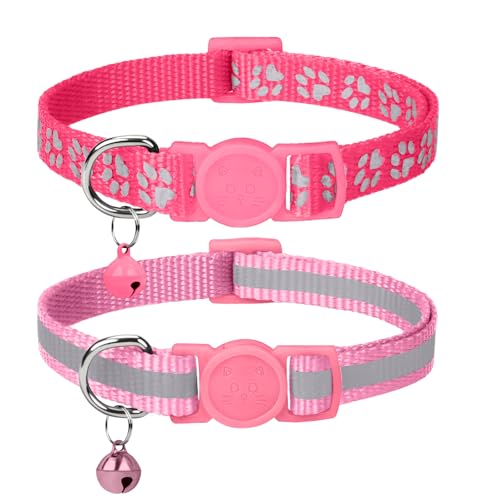 Taglory Kitten Collar Breakaway with Bell, Reflective Soft Cat Collar for Small Kittens, Adjustable 6-8 Inch High Visibility Night Strip, Lightweight for 2-6 Months Baby Cats, 2 Pack, Pink - color: Pink, size: 6-8"