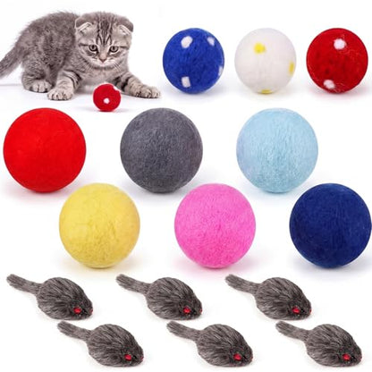 Outus 15 Pcs Toys for Cats Kittens Bulk with 6 Furry Cat Mice Interactive Catch Play 9 Wool Pom Toy Ball Fur Mouse Soft Quiet Fabric Kitty Balls for Indoor Yard House Patio, No Catnip