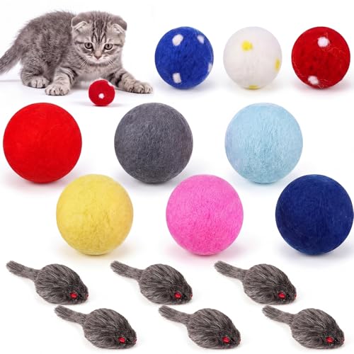 Outus 15 Pcs Toys for Cats Kittens Bulk with 6 Furry Cat Mice Interactive Catch Play 9 Wool Pom Toy Ball Fur Mouse Soft Quiet Fabric Kitty Balls for Indoor Yard House Patio, No Catnip