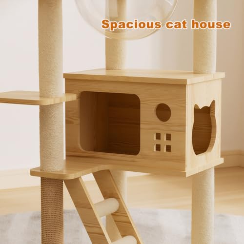 Modern Wooden Cat Tree Tower, 48.8 Inch, with Sisal Scratching Posts, Acrylic Hammock, Condo House and Ladder, for Indoor Cats