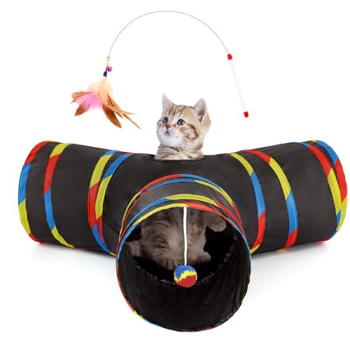 Tempcore Pet Cat Tunnel Collapsible Toy, 3-Way Kitty Tunnel with Peek Hole & Ball - Indoor Play Tube for Cats, Kittens, Puppy, Rabbit, Black & Rainbow - color: 3-Way Black&Rainbow, size: 3-way