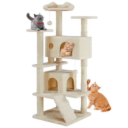 DUMOS 54-inch Indoor Cat Tree Tower –Multi-Level Pet House for Large Cats with 2 Condos, Scratching Posts, Round Platform, Small Ladder, and Toys, Beige - color: Beige, size: 54'' × 19.8'' × 19.8''