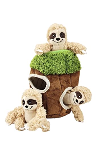 Glow Pups Hide and Seek Dog Toy, Interactive Burrow Dog Toy with Squeaker, Plush Sloth in Tree Trunk, Promotes Mental Stimulation, Easy to Clean, Small 8 x 5.5 inches, Brown (Small Sloth Tree) - size: Small