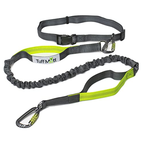 Tuff Mutt Hands-Free Waist Leash for Dog Walking, Running and Hiking, Carabiner Clip, Adjustable Belt with Double Handle, Reflective Bungee Design for Large & Medium Dogs - color: Carabiner/Green