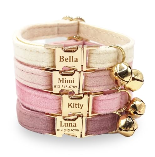 Personalized Soft Velvet Engraved Cat Collar, Custom Name & Phone on Metal Buckle with Bell, Optional Bowtie/Leash/Airtag Holder for Kittens Cats (Light Gold Buckle)