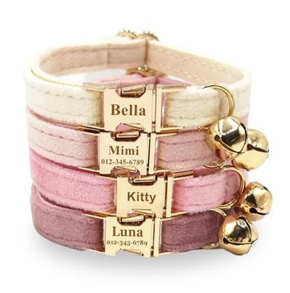 Personalized Soft Velvet Engraved Cat Collar, Custom Name & Phone on Metal Buckle with Bell, Optional Bowtie/Leash/Airtag Holder for Kittens Cats (Light Gold Buckle)