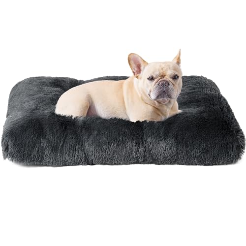 EHEYCIGA Fluffy Dog Crate Bed for Medium Dogs, Plush Faux Fur Crate Pad, Calming Anti Anxiety Medium Dog Bed, Washable Soft Warm Mat with Non-Slip Bottom, Dark Grey - color: Dark Grey, size: 29.5 x 20