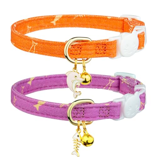 2 Pack Cotton Breakaway Cat Collar Orange and Purple Fish Pendant Cute Kitten Cat Collar with Bell - color: Orange&Purple