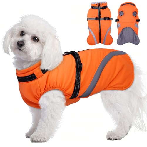BRKURLEG Dog Winter Jackets for Small Dogs, Dog Coat with Harness Built in, Dogs Snowsuits with Zipper, Waterproof Windproof Pet Puffer Jacket Fleece Vest for Shih Tzu, Maltese, Orange S - color: orange, size: Small