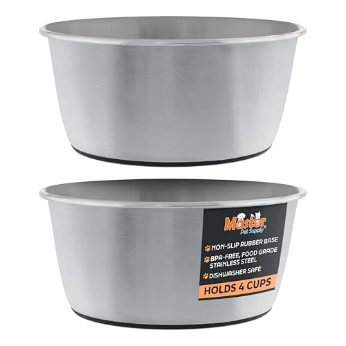 Master Pet Supply Stainless Steel Dog Bowls Set of 2 (32 Oz Each) with Non-Slip Rubber Base - Stainless Steel - Basic Dog Food Bowl Water & Food Bowls for Small Medium Large Dogs & Cats, Metal Dish - color: Stainless Steel, size: 4 Cups (32 oz) 2 Pack
