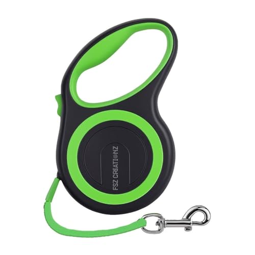 Retractable Dog Leash – 5M Strong Non Chew Nylon Lead with 360° Swivel Hook, One-Touch Lock, Ergonomic Anti-Slip Handle – Green on Black Neon Pet Leash