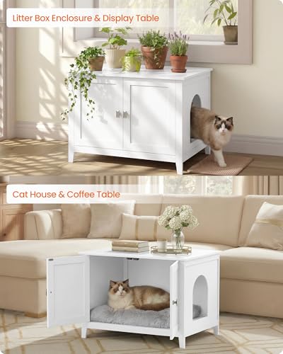 Feandrea Cat Litter Box Enclosure, Modern Hidden Cat Litter Box Furniture, Double Doors, Handles, Indoor Pet House Washroom, Living Room Side End Table, Cloud White UPCL015WB01