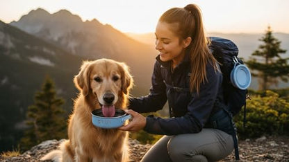 Blue Slow Feeder Travel Dog Bowl Set | 30oz Stainless Steel + 20oz Collapsible Silicone Dish | Water Bottle Holder| Non-Slip, Anti-Choking, BPA-Free | We Give Back - color: Slow feeder Blue Bowl