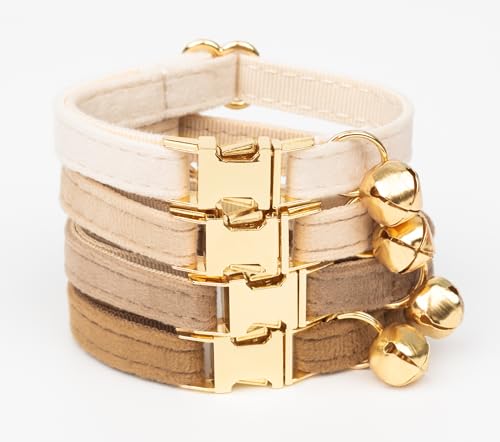 Personalized Soft Velvet Engraved Cat Collar, Custom Name & Phone on Metal Buckle with Bell, Optional Bowtie/Leash/Airtag Holder for Kittens Cats (Light Gold Buckle)