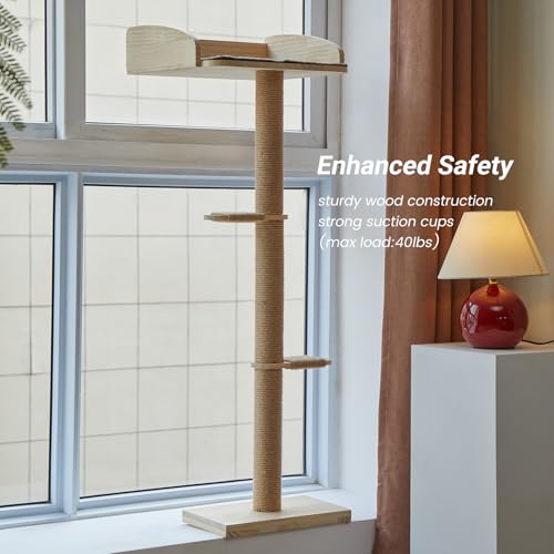Cat Window Perch with Tall Scratching Posts, Inside 48 in Tall Climbing Tree Hammmock Mounted with Suction Cups for Climbing, Bird Watching, and Play, Supports 45 lbs