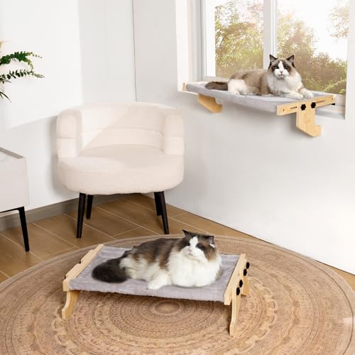 Cat Window Perch- Cats Windows Bed for Indoor- Cat Windowsill Hammock with Cushion- No Suction Cups 2 in 1 Kitty Perch&Beds- Large Kittens Wood Hammock Hanging(24.5 * 15in)- Kitty Shelf Seat