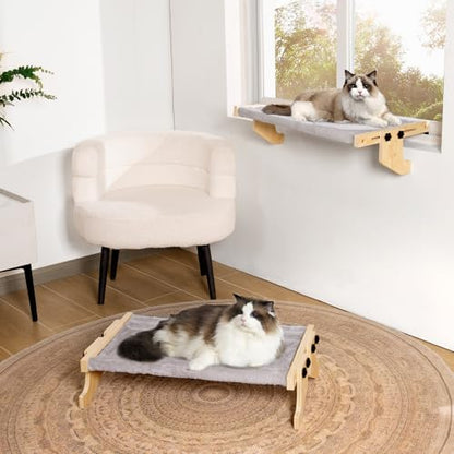 Cat Window Perch- Cats Windows Bed for Indoor- Cat Windowsill Hammock with Cushion- No Suction Cups 2 in 1 Kitty Perch&Beds- Large Kittens Wood Hammock Hanging(24.5 * 15in)- Kitty Shelf Seat
