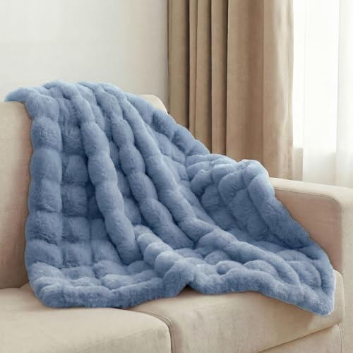 Leximan Cozy Faux Fur Throw Blanket for Couch, Reversible Plush Fluffy Decorative Bubble Throw for Sofa and Living Room, Soft Lap Blanket for Bed, Dog & Cat (Lake Blue, 40''x50'') - color: Lake Blue, size: 40''x50''
