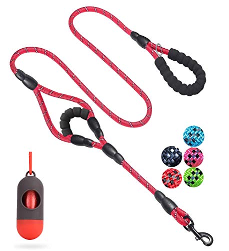 JSXD 5 FT Heavy Duty Double Handle Dog Leash with Comfortable Padded and Reflective Rope, for Small to Large Dogs (Rope-Red) - color: Rope-Red