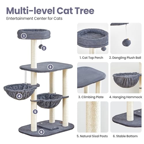 Small Cat Tree Tower with Lots of Scratching Posts - 42 Inch Medium Compact Cats Scratch House with Hammock Perch for Multi Level 2 Kitty - Indoor Corner Cat Bed Condo Climbing Gym Towers Furniture