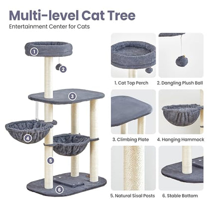 Small Cat Tree Tower with Lots of Scratching Posts - 42 Inch Medium Compact Cats Scratch House with Hammock Perch for Multi Level 2 Kitty - Indoor Corner Cat Bed Condo Climbing Gym Towers Furniture