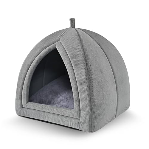 Amazon Basics Cat Cave Bed, 2-in-1 Foldable House for Indoor Cats, with Washable Cushion and Non-Slip Base, 15 x 15 Inches, Small, LightGray - color: Lightgrey, size: S-15"×15"×15"