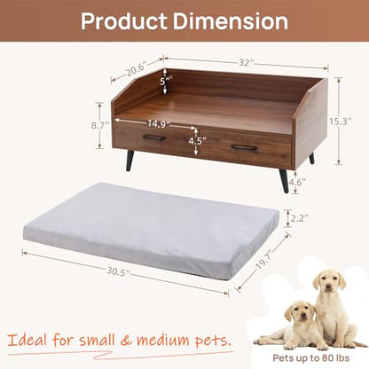Elevated Dog Bed for Small to Medium Dogs – 32” x 21” Indoor Wooden Pet Sofa with Soft Cushion, Mid-Century Modern Style, Sturdy & Stylish (Walnut) - color: Grey